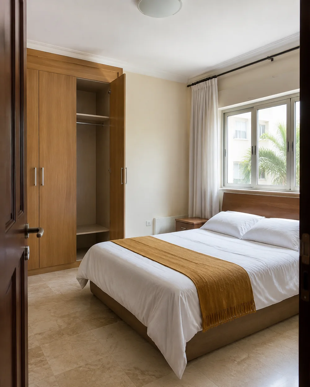 A bright bedroom with an open wooden wardrobe and white bedding