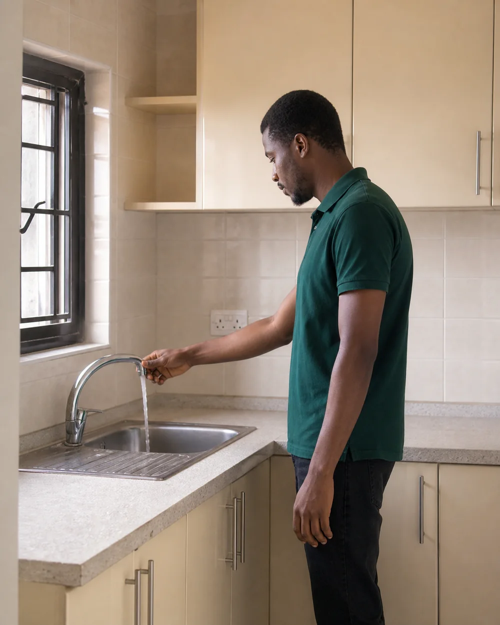A property viewer tests running water at a kitchen tap
