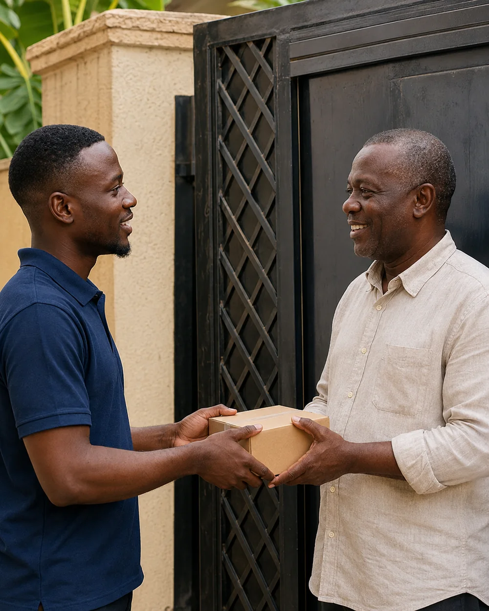 A courier hands a sealed parcel to the receiver at his residential gate